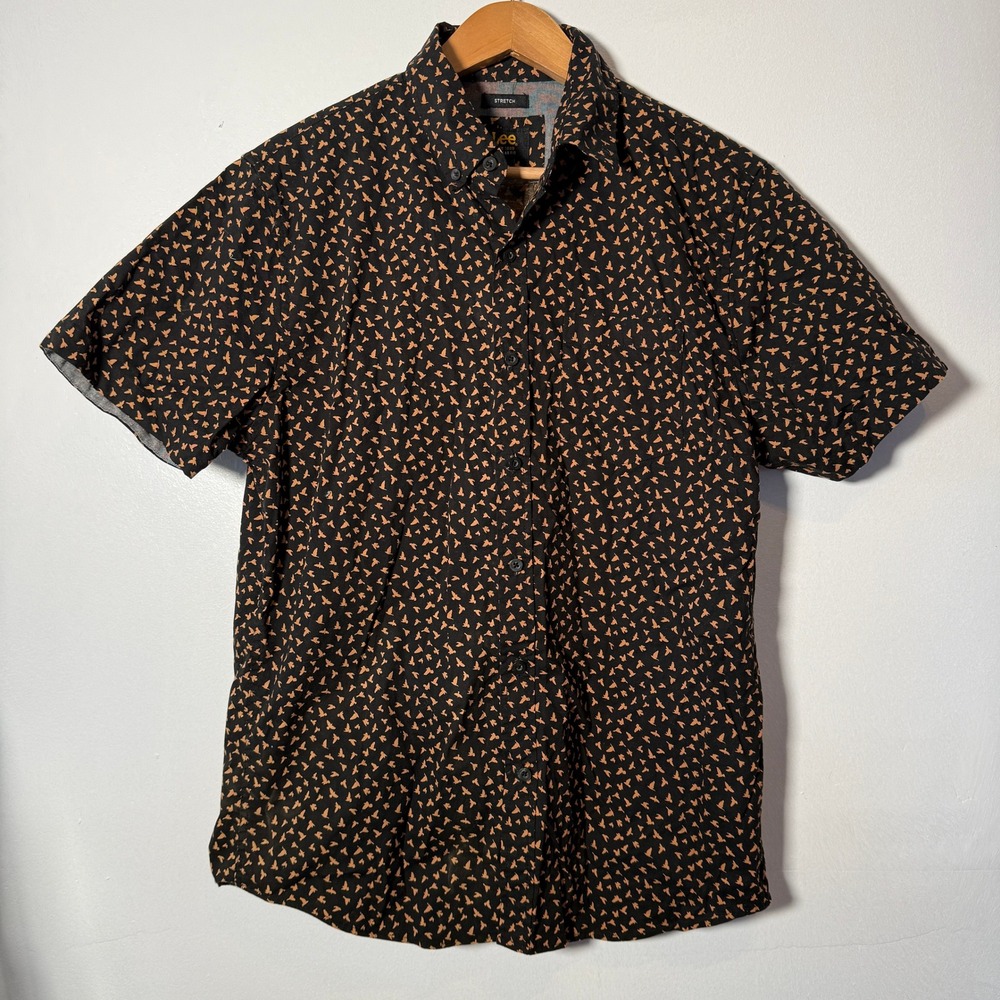 Lee Mens Regular Fit Black Bird Print Short Sleeve Stretch Button‎ Down Shirt M